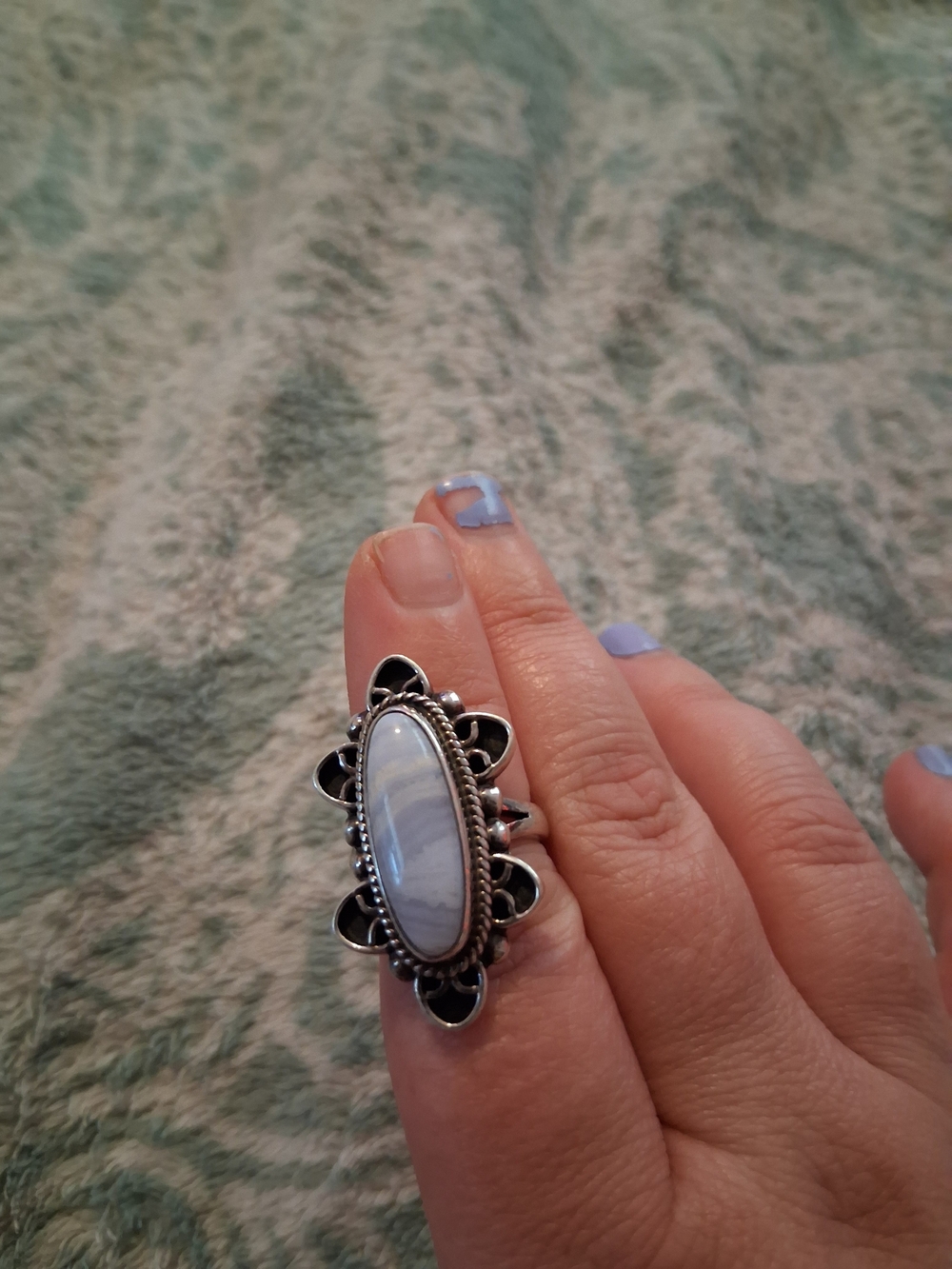 Blue Lace Agate Oval Statement Ring in Silver-Tone